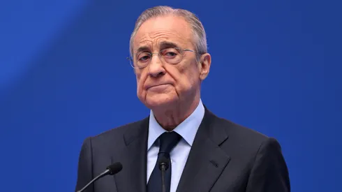 Florentino Perez Rodriguez, President of Real Madrid speaks as Real Madrid new signing, Kylian Mbappe is unveiled at Estadio Santiago Bernabeu on July 16, 2024 in Madrid, Spain.