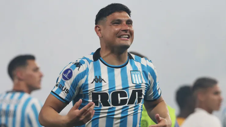 Maximiliano Salas of Racing Club celebrates after winning the Copa CONMEBOL Sudamericana 2024 Semifinal second leg match between Racing Club and Corinthians.