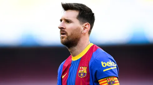 Lionel Messi of FC Barcelona looks on during the La Liga Santander match between FC Barcelona and Atletico de Madrid at Camp Nou on May 08, 2021 in Barcelona, Spain.