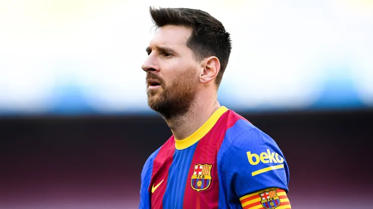Lionel Messi of FC Barcelona looks on during the La Liga Santander match between FC Barcelona and Atletico de Madrid at Camp Nou on May 08, 2021 in Barcelona, Spain.