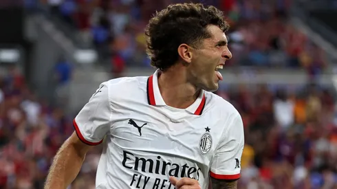 Christian Pulisic of AC Milan celebrates after scoring the team's second goal during a Pre-Season Friendly match between FC Barcelona and AC Milan at M&T Bank Stadium on August 06, 2024 in Baltimore, Maryland.