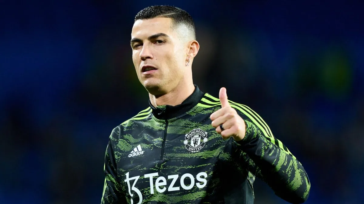 Cristiano Ronaldo of Manchester United warms up prior to the UEFA Europa League group E match between Real Sociedad and Manchester United at Reale Arena on November 03, 2022 in San Sebastian, Spain.