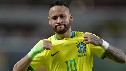 Neymar Jr. of Brazil celebrates after scoring the fifth goal of his team during a FIFA World Cup 2026 Qualifier match between Brazil and Bolivia at Mangueirao on September 08, 2023 in Belem, Brazil.