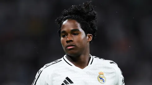 Endrick of Real Madrid looks on during the LaLiga match between Real Madrid CF and RCD Espanyol de Barcelona at Estadio Santiago Bernabeu on September 21, 2024 in Madrid, Spain.