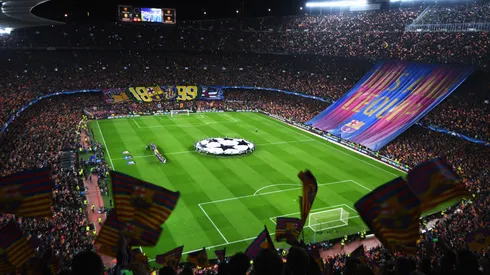 A general view as fans show their support as the teams line up prior to the UEFA Champions League Round of 16 second leg match between FC Barcelona and Paris Saint-Germain at Camp Nou on March 8, 2017 in Barcelona, Spain.