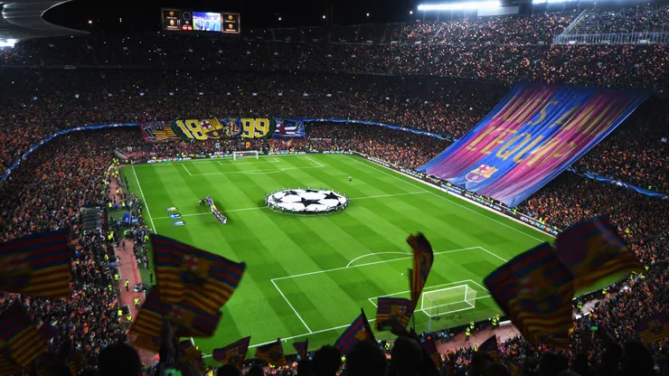 A general view as fans show their support as the teams line up prior to the UEFA Champions League Round of 16 second leg match between FC Barcelona and Paris Saint-Germain at Camp Nou on March 8, 2017 in Barcelona, Spain.