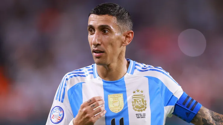 Angel Di Maria of Argentina gestures during the CONMEBOL Copa America 2024 Group A match between Argentina and Peru at Hard Rock Stadium on June 29, 2024 in Miami Gardens, Florida.