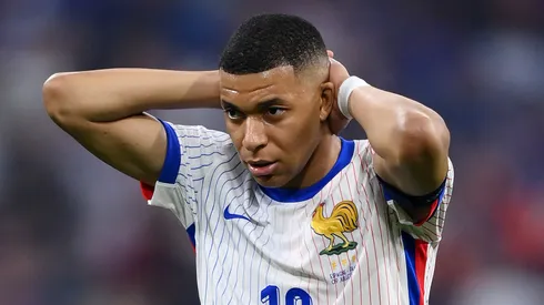 Kylian Mbappe of France reacts during the UEFA EURO 2024 Semi-Final match between Spain and France at Munich Football Arena on July 09, 2024 in Munich, Germany.