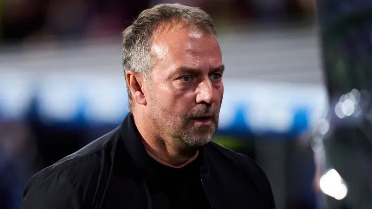 Head coach Hansi Flick of FC Barcelona looks on prior to the LaLiga match between Real Sociedad and FC Barcelona at Reale Arena on November 10, 2024 in San Sebastian, Spain.