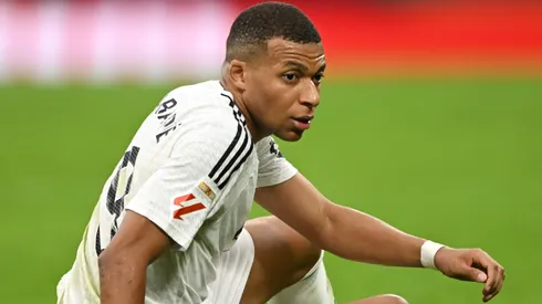 Kylian Mbappe of Real Madrid reacts during the LaLiga match between Real Madrid CF and CA Osasuna at Estadio Santiago Bernabeu on November 09, 2024 in Madrid, Spain.