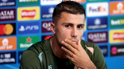 Manchester City's Rodri during the UEFA Champions League 2024/25 League Phase MD1 press conference at City of Manchester Stadium on September 17, 2024 in Manchester, England. (