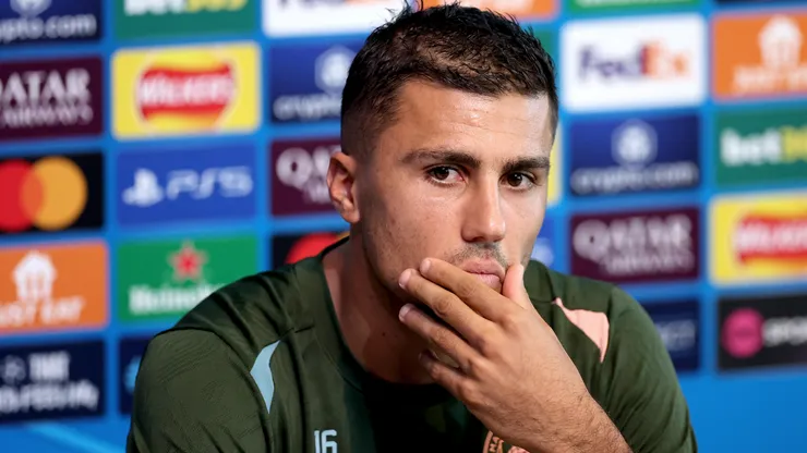 Manchester City's Rodri during the UEFA Champions League 2024/25 League Phase MD1 press conference at City of Manchester Stadium on September 17, 2024 in Manchester, England. (