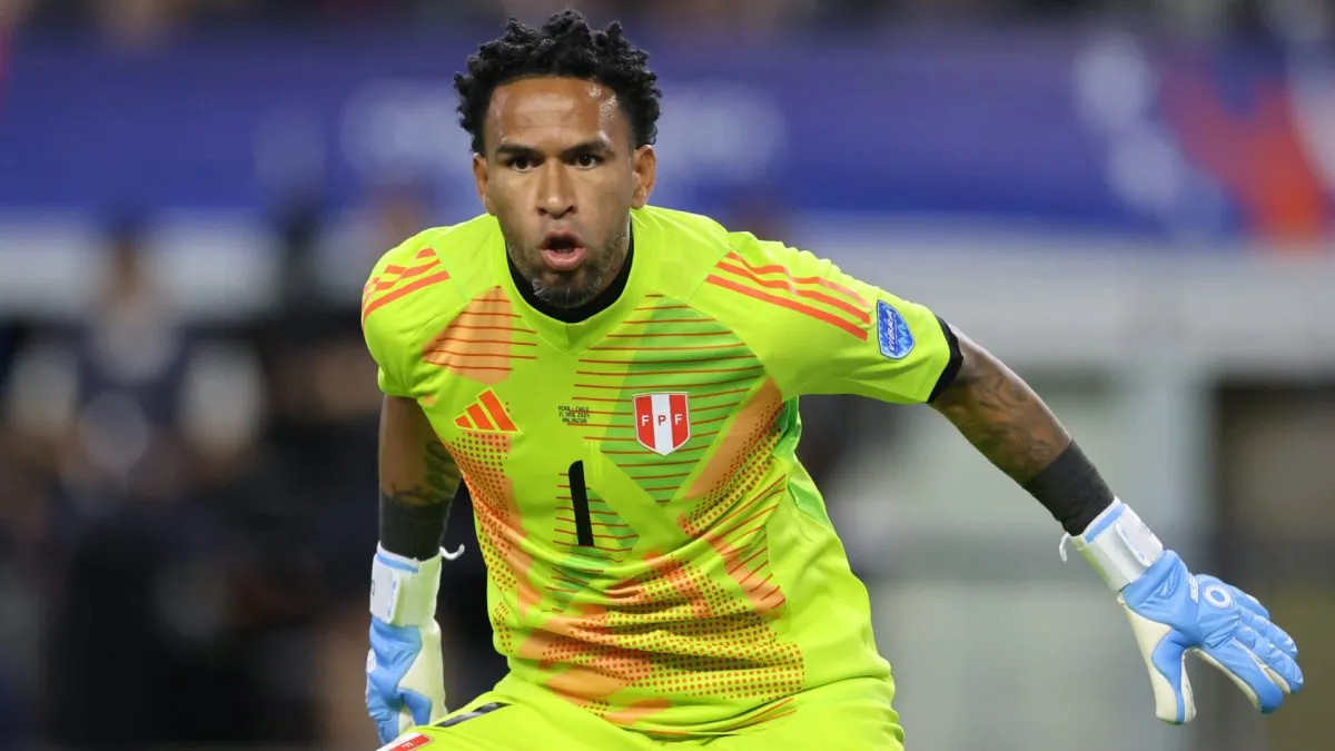 Pedro Gallese of Peru reacts