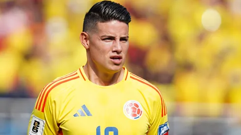 James Rodriguez of Colombia sings the national anthem.