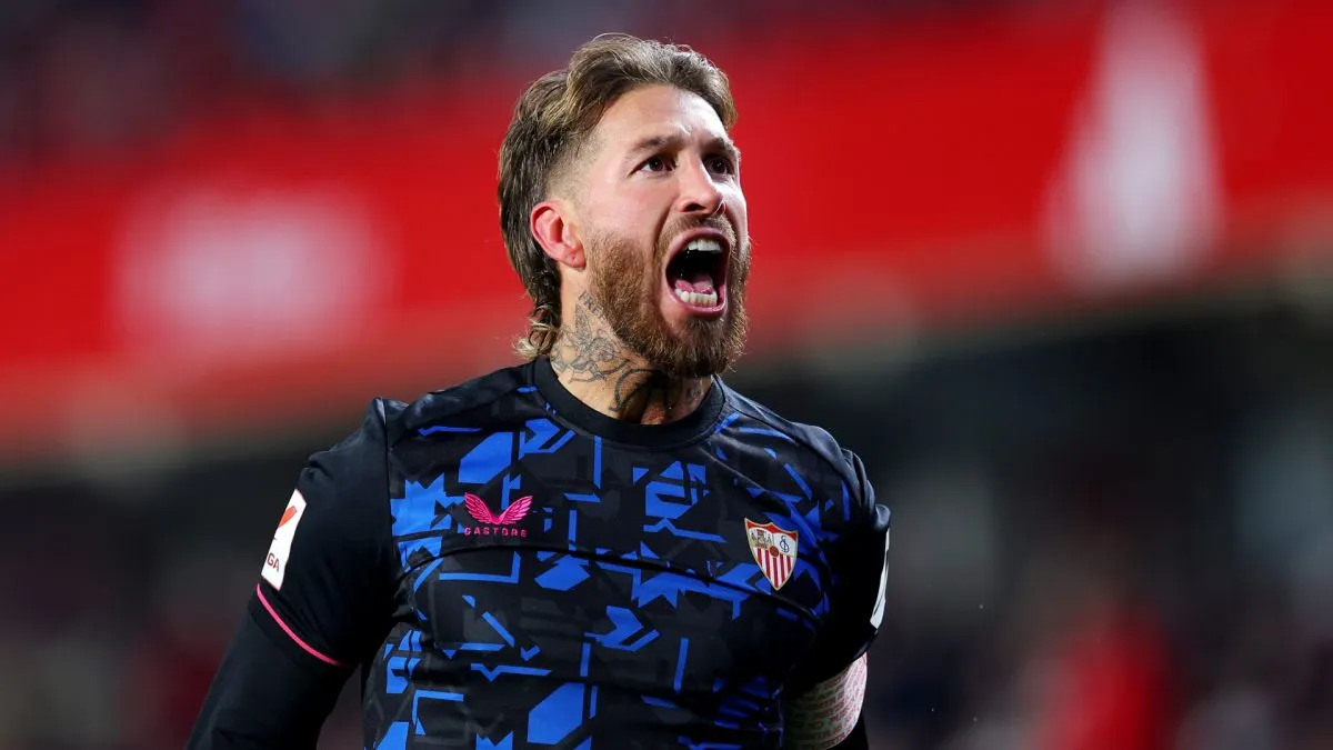 Sergio Ramos of Sevilla FC celebrates scoring