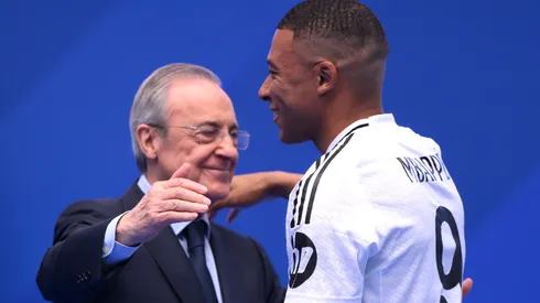 Real Madrid new signing, Kylian Mbappe greets Florentino Perez Rodriguez, President of Real Madrid as he is unveiled at Estadio Santiago Bernabeu on July 16, 2024 in Madrid, Spain.