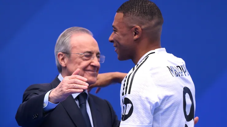 Real Madrid new signing, Kylian Mbappe greets Florentino Perez Rodriguez, President of Real Madrid as he is unveiled at Estadio Santiago Bernabeu on July 16, 2024 in Madrid, Spain.