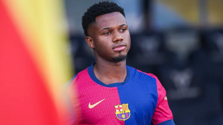 Ansu Fati of FC Barcelona looks on prior to the Joan Gamper Trophy match between FC Barcelona and AS Monaco at Estadi Olimpic Lluis Companys on August 12, 2024 in Barcelona, Spain.