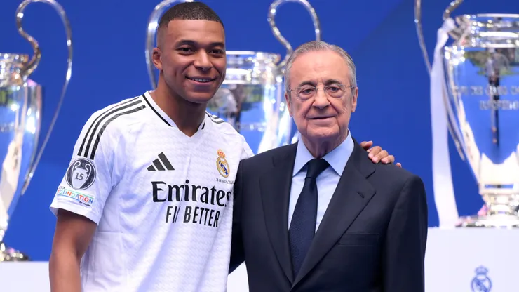 Real Madrid new signing, Kylian Mbappe poses for a photo with Florentino Perez Rodriguez, President of Real Madrid as he is unveiled at Estadio Santiago Bernabeu on July 16, 2024 in Madrid, Spain.