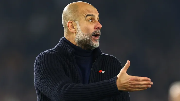 Pep Guardiola, Manager of Manchester City, reacts following the Premier League match between Brighton & Hove Albion FC and Manchester City FC at Amex Stadium on November 09, 2024 in Brighton, England.
