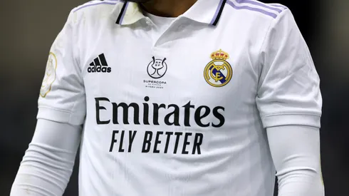 A detailed view of a Real Madrid shirt with a Super Copa de Espana logo during the Super Copa de Espana match between Real Madrid and Valencia CF at King Fahd International Stadium on January 11, 2023 in Riyadh, Saudi Arabia.