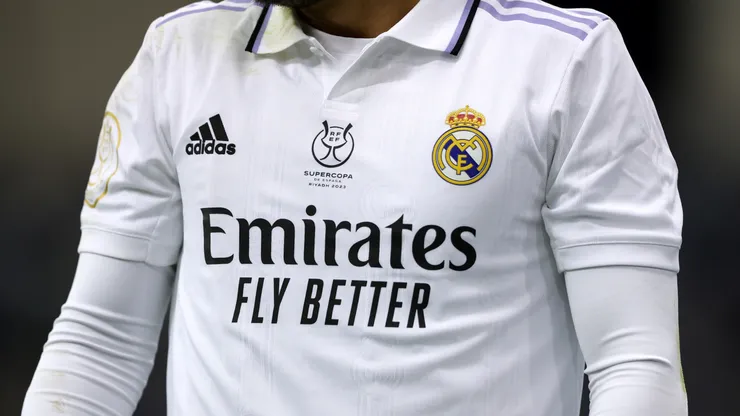 A detailed view of a Real Madrid shirt with a Super Copa de Espana logo during the Super Copa de Espana match between Real Madrid and Valencia CF at King Fahd International Stadium on January 11, 2023 in Riyadh, Saudi Arabia.