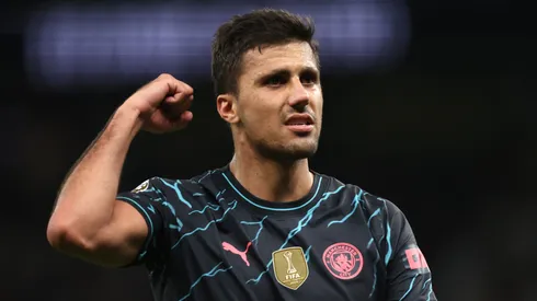 Rodri of Manchester City applauds the fans after the team's victory in the Premier League match between Tottenham Hotspur and Manchester City at Tottenham Hotspur Stadium on May 14, 2024 in London, England.