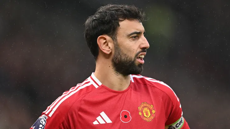 Bruno Fernandes of Manchester United looks on during the Premier League match between Manchester United FC and Leicester City FC at Old Trafford on November 10, 2024 in Manchester, England.