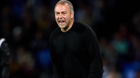 Head coach Hansi Flick of FC Barcelona reacts during the LaLiga match between Real Sociedad and FC Barcelona at Reale Arena on November 10, 2024 in San Sebastian, Spain.