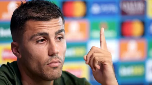 Manchester City's Rodri during the UEFA Champions League 2024/25 League Phase MD1 press conference at City of Manchester Stadium on September 17, 2024 in Manchester, England.