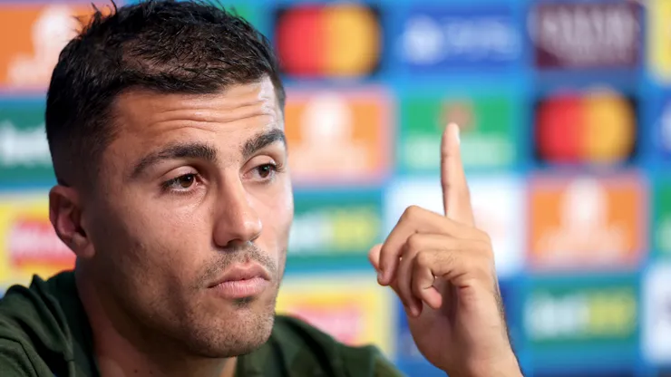 Manchester City's Rodri during the UEFA Champions League 2024/25 League Phase MD1 press conference at City of Manchester Stadium on September 17, 2024 in Manchester, England.