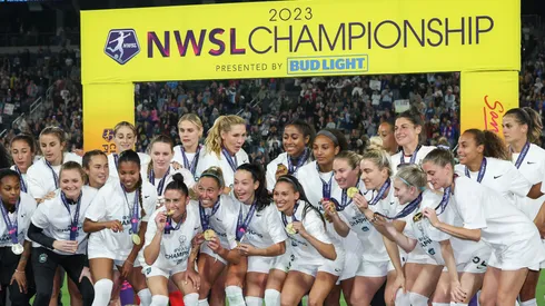 NJ/NY Gotham FC celebrate after winning the 2023 NWSL Championship against the OL Reign at Snapdragon Stadium on November 11, 2023 in San Diego, California.