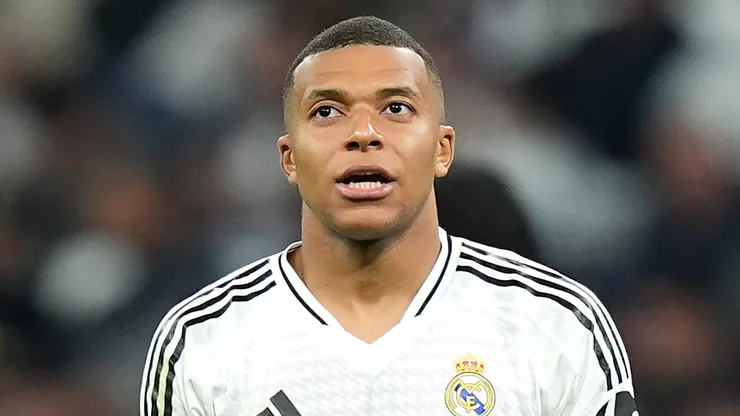 Kylian Mbappe of Real Madrid reacts during the UEFA Champions League 2024/25 League Phase MD4 match between Real Madrid C.F. and AC Milan at Estadio Santiago Bernabeu on November 05, 2024 in Madrid, Spain.