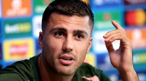 Manchester City's Rodri during the UEFA Champions League 2024/25 League Phase MD1 press conference at City of Manchester Stadium on September 17, 2024 in Manchester, England.