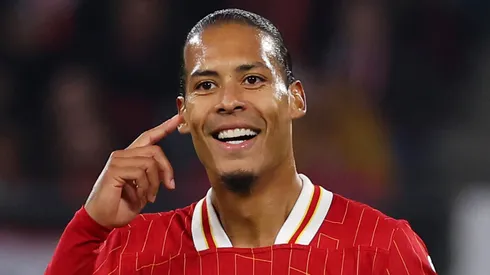 Virgil van Dijk of Liverpool reacts during the UEFA Champions League 2024/25 League Phase MD3 match between RB Leipzig and Liverpool FC at Leipzig Stadium on October 23, 2024 in Leipzig, Germany.