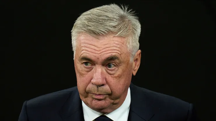 Carlo Ancelotti, Head Coach of Real Madrid, looks on prior to the LaLiga match between Real Madrid CF and FC Barcelona at Estadio Santiago Bernabeu on October 26, 2024 in Madrid, Spain.
