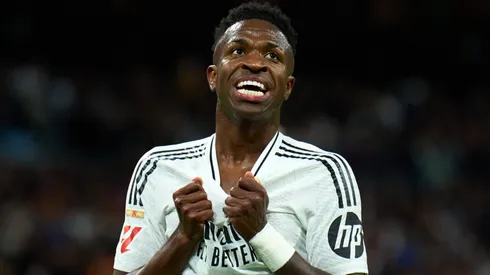 Vinicius Junior of Real Madrid reacts during the LaLiga match between Real Madrid CF and FC Barcelona at Estadio Santiago Bernabeu on October 26, 2024 in Madrid, Spain.