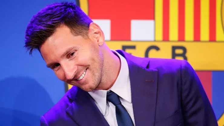 Lionel Messi of FC Barcelona faces the media during a press conference at Nou Camp on August 08, 2021 in Barcelona, Spain.