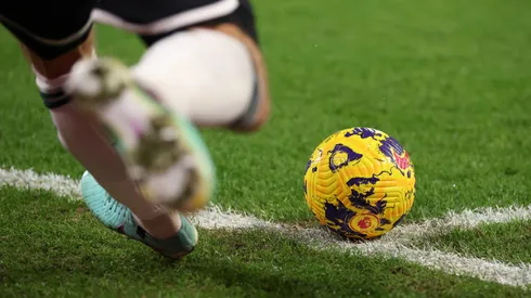Detailed view of the ball as a player takes a corner kick during the Premier League match between Nottingham Forest and Manchester United at City Ground on December 30, 2023 in Nottingham, England.