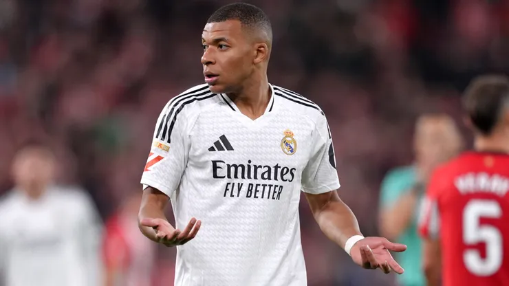 Kylian Mbappe of Real Madrid reacts during the LaLiga match between Athletic Club and Real Madrid CF at Estadio de San Mames on December 04, 2024 in Bilbao, Spain.