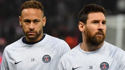 Neymar Jr and Lionel Messi during the UEFA Champions League round of 16 leg one match between Paris Saint-Germain and FC Bayern Munich at Parc des Princes stadium on February 14, 2023 in Paris, France.