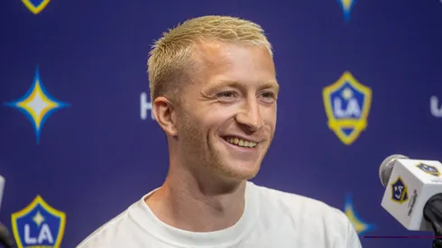Two-time German Footballer of the Year Marco Reus is introduced as the new Los Angeles Galaxy midfielder during a news conference at Dignity Health Sports Park.