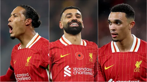 Virgil Van Dijk, Mohamed Salah, and Trent Alexander-Arnold of Liverpool.