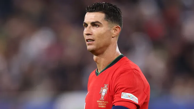 Cristiano Ronaldo of Portugal reacts during the UEFA EURO 2024 quarter-final match between Portugal and France at Volksparkstadion on July 05, 2024 in Hamburg, Germany.