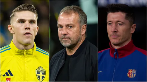 Viktor Gyokeres (left), Hansi Flick (center), Robert Lewandowski (right)