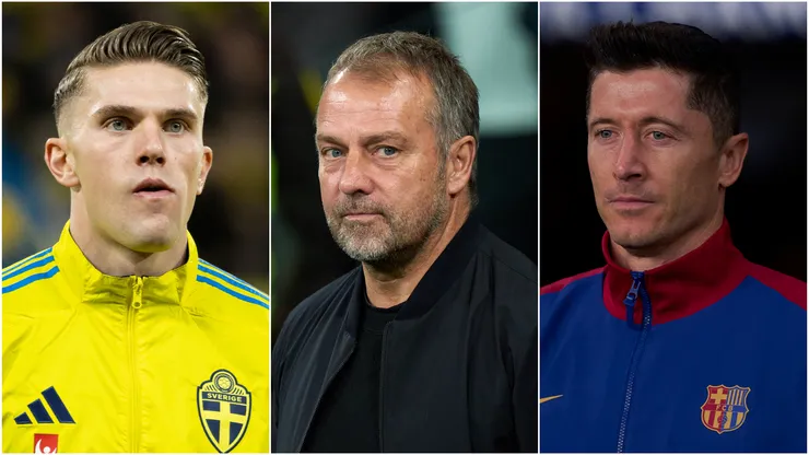 Viktor Gyokeres (left), Hansi Flick (center), Robert Lewandowski (right)