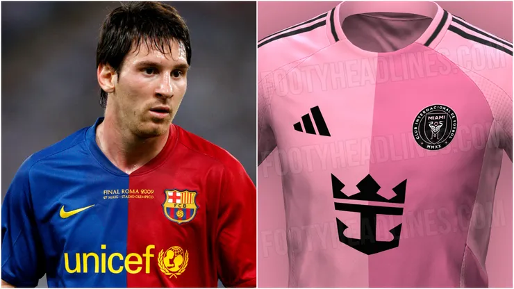 Lionel Messi at Barcelona (left) and Inter Miami's possible kit for 2025 (right)