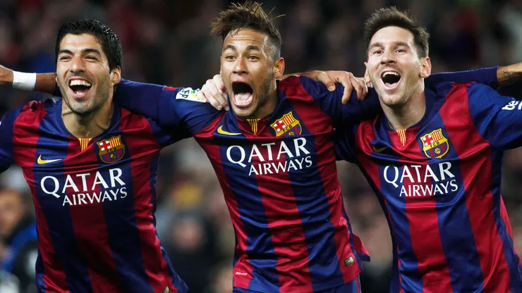 Luis Suarez (left), Lionel Messi (center), and Neymar (right).