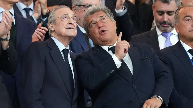 eal Madrid president Florentino Perez and FC Barcelona, Barca president Joan Laporta during La Liga football match between Real Madrid CF v FC Barcelona at Santiago Bernabeu Stadium in Madrid, Spain, April 21, 2024.