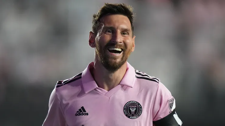 Inter Miami midfielder Lionel Messi (10) has a big smile after a goal in the second half during the Leagues Cup match between Atlanta United and Inter Miami on Tuesday, July 25, 2023.